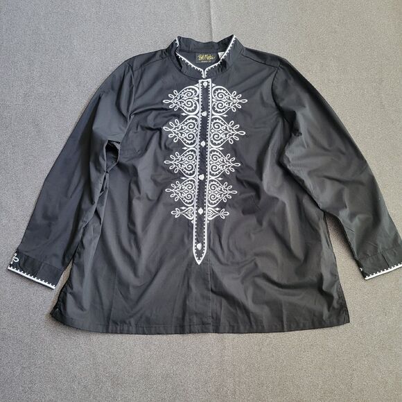 Bob Mackie 1X Black White Embroidered Tunic Buttoned Top Asian 1540 - Picture 1 of 8